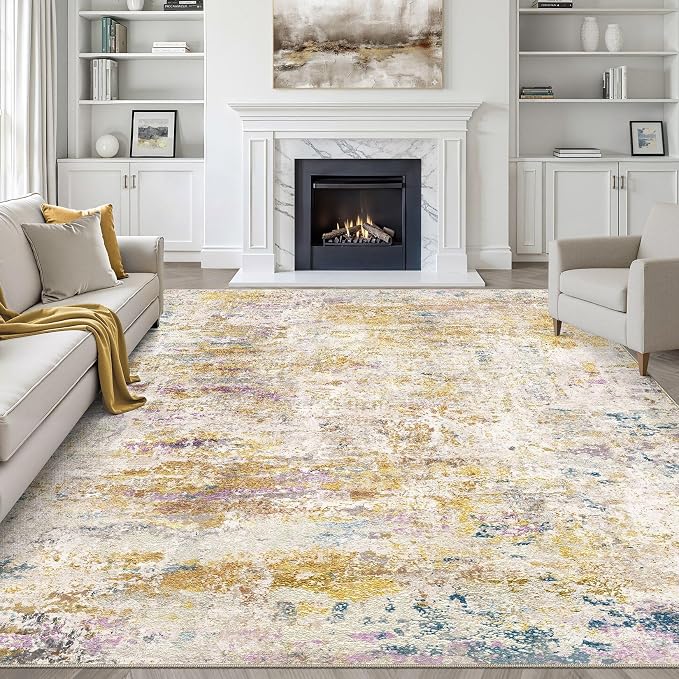 7x9 Area Rug Living Room: Washable Large Neutral Rug Abstract Soft Modern Stain Resistant Indoor Floor Non-Slip Carpet for Bedroom Nursery Kids Classroom Playroom Dining Room- Gold Multi