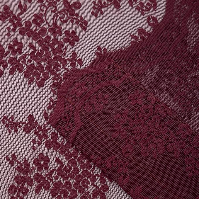 YJ YANJUN Vintage Lace Curtains 63 Inch Length 2 Panels- Burgundy Sheer Curtains for Dining Room Kitchen Bedroom Scalloped Edges Romantic Floral Window Treatment Light Filtering 52"W x 63"L Dark Wine