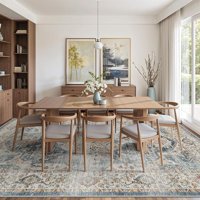 befbee 9x12 Area Rug,Ultra-Thin Washable Rugs for Living Room,Non-Slip Lightweight Foldable Area Rug,Stain Resistant Vintage Large Rugs (Navy,9'x12')