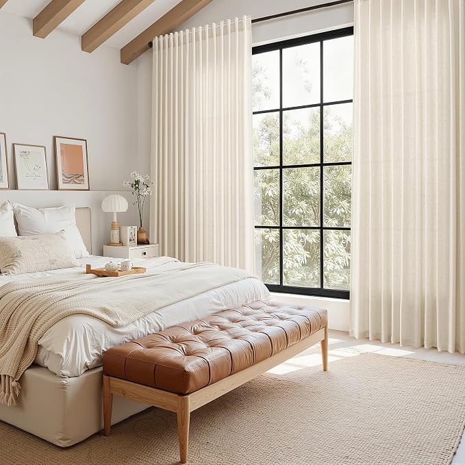 Linen Curtains 108 Inches Long for Living Room Modern Farmhouse Decor Light Filtering Semi Sheer Curtain Back Tab Luxury Neutral Rustic Floor to Ceiling High Window for Bedroom 52x108, 2 Panels
