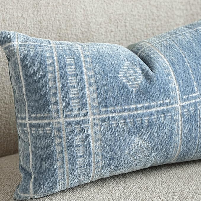 BlissBlush Decorative Lumbar Pillow Cover 14x36, Long Decorative Throw Pillow for Bed,Coastal Blue Textured Chenille Accent Pillowcase for Bedroom Home Décor (Cover Only)