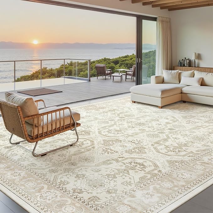 Soalmost Area Rug 10x12 Vintage Washable Living Room Large Carpet Non Slip Bedroom Indoor Office Dining Room Low Pile Thin Rug Beige/Brown