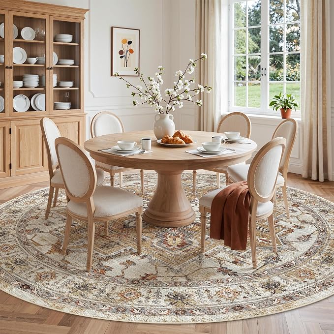 Madane Washable 8ft Circle Round Rug, 8x8 Circular Area Rugs, Turmeric/Grey | Non-Slip Vintage Floor Carpet for Living Room Dining Room, Low Pile Home Decor Mat For Bedroom Office Under Table