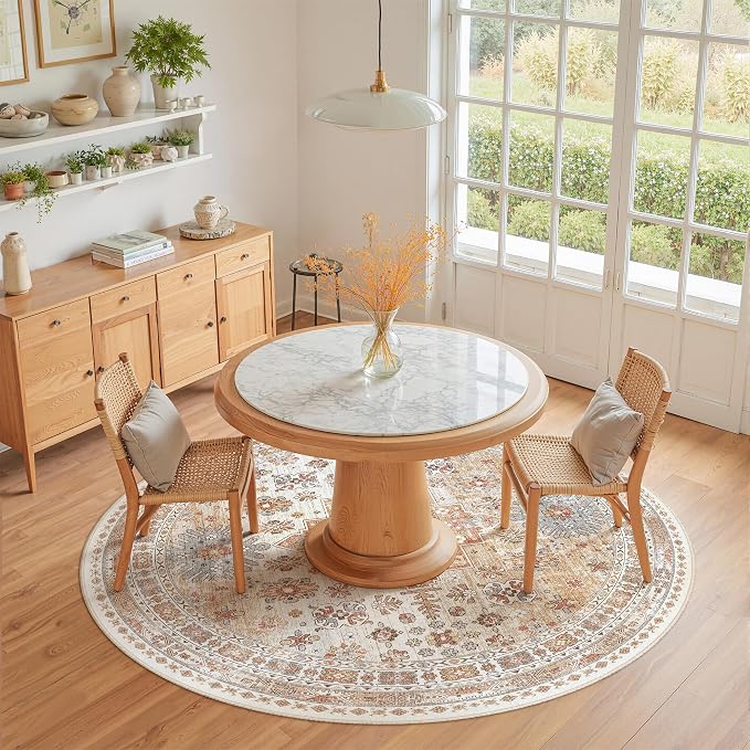 zesthome Washable Round Rug - 5ft Ultra-Thin Circle Area Rugs, Vintage Non-Slip Low Pile Rug for Living Room, Stain Resistant Rug for Bedroom, Entryway, Kitchen, Nursery