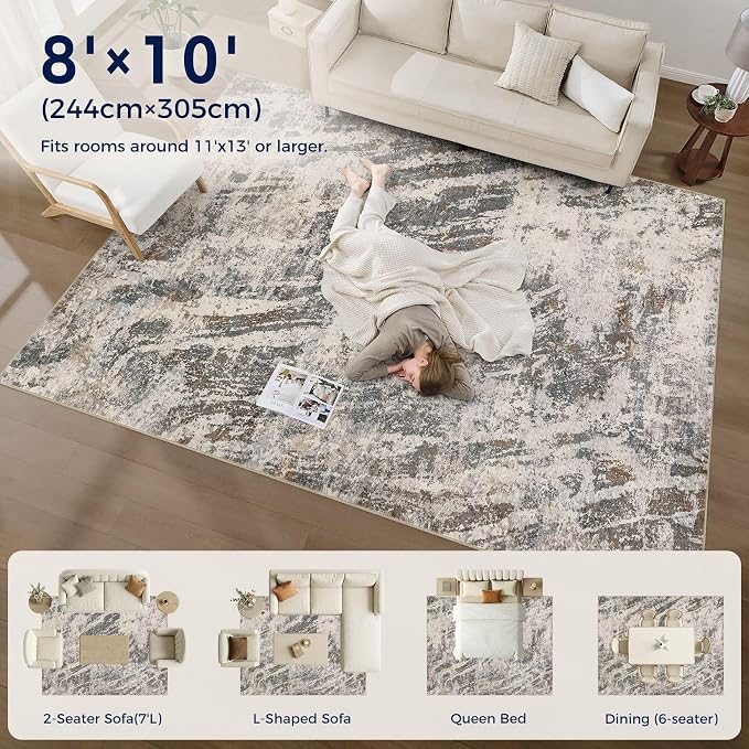 DMOYEST Area Rug Living Room Rugs - 8x10 Large Soft Indoor Neutral Modern Abstract Low Pile Washable Rug Carpet for Bedroom Dining Room Farmhouse Home Office-Dark Brown/Grey