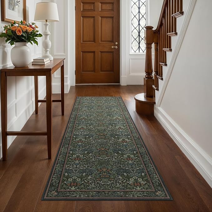 GENIMO 2x8 Washable Long Runner Rug, Non Slip Hallway Mat, Dark Green | Vintage Boho Floral Low Pile Thin Mat for Entryway, Kitchen, Bedroom, Indoor Decor
