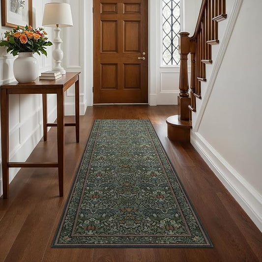 GENIMO 2x8 Washable Long Runner Rug, Non Slip Hallway Mat, Dark Green | Vintage Boho Floral Low Pile Thin Mat for Entryway, Kitchen, Bedroom, Indoor Decor