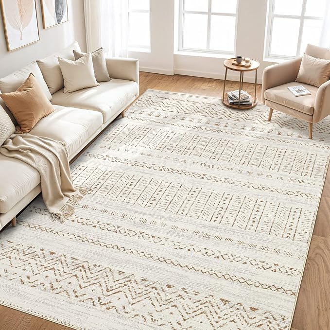cotiled 5x7 Area Rugs Living Room Rug: Washable Boho Rugs with Non Slip Backing Large Soft Indoor Stain Resistant Carpet for Bedroom Farmhouse Dining Room Lightweight Home Decor Brown/Cream