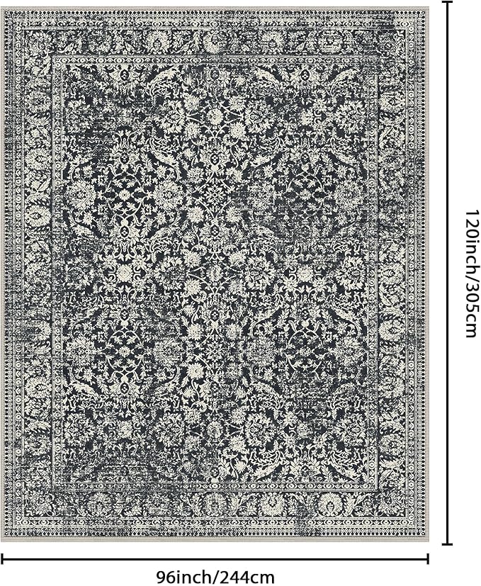 Bavni 8x10 Area Rugs for Living Room, Machine Washable Rug Lightweight Low Pile, Non Slip Boho Rugs with Rubber Backing, Floral Print Carpet for Bedroom Dinning Room, Black Floral