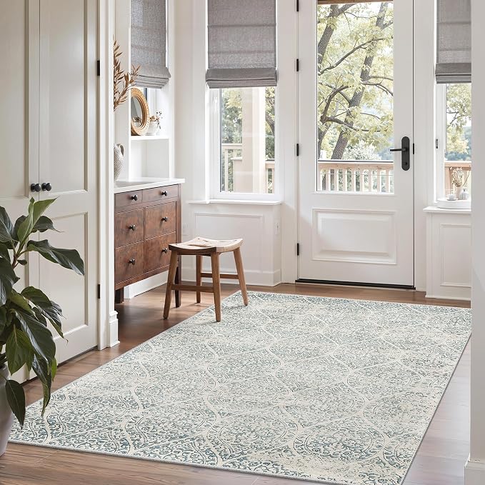 Soalmost Washable Area Rugs 4x6 for Living Room, Moroccan Trellis Soft Rug | Stain Resistant Low Pile Thin Carpet for Dining Room Bedroom Kitchen Home Office Nursery Teal Blue, 4'x6'