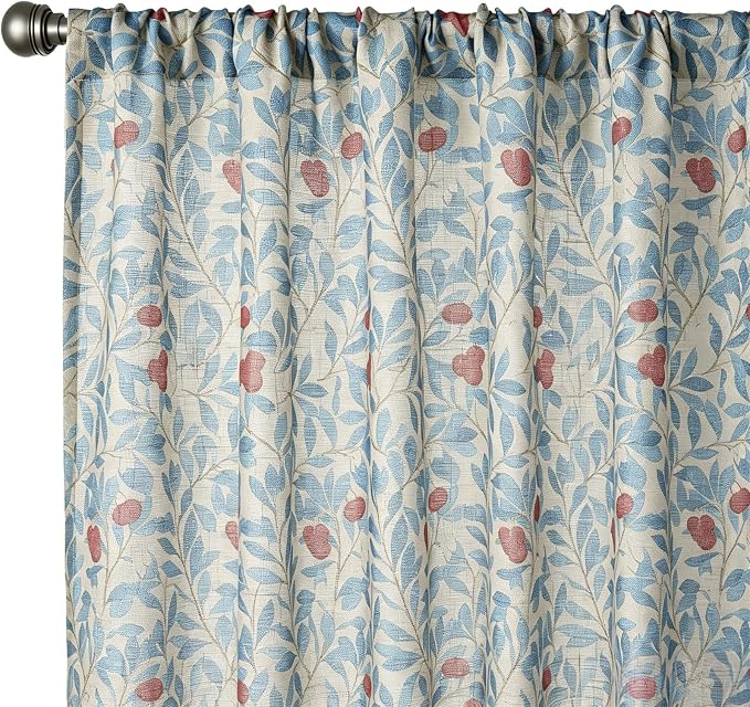 RoomTalks Arbutus Floral Window Curtains 84 Inches Length 2 Panels Faux Linen Light Filtering, Boho Farmhouse Country Vintage Cute Botanical Curtain Panels for Bedroom Dining Living Room Nursery