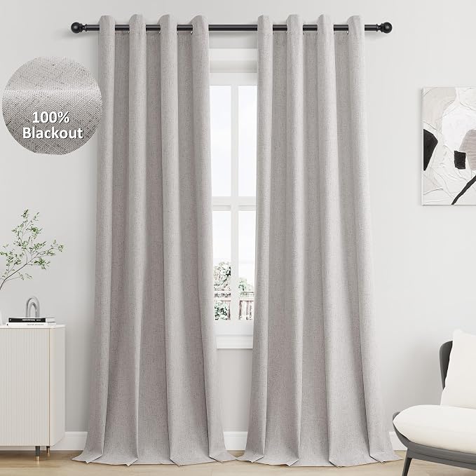 Jowels Silver Linen Blackout Curtains 90 Length 2 Panels Set for Living Room Bedroom, 100% Black Out Thermal Insulated Linen Drapes, Room Darkening Grommet Curtains 90 Inches Long