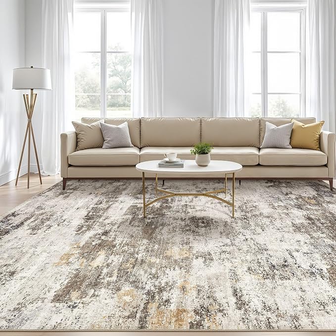 10x14 Area Rugs Living Room: Washable Large Abstract Neutral Modern Soft Rug Stain Resistant Indoor Floor Non-Slip Accent Carpet for Bedroom Nursery Playroom Dining Room Office Dorm Home- Brown Yellow