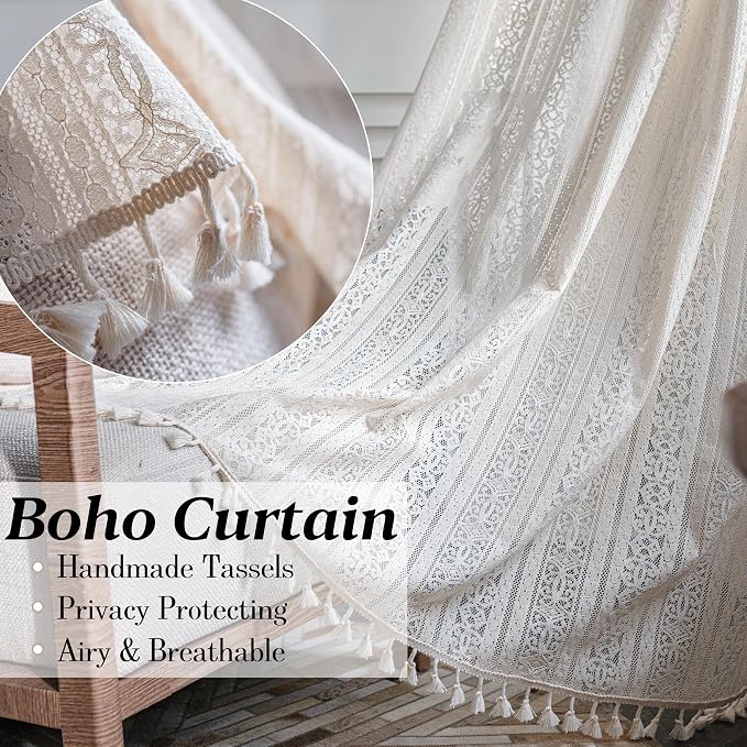 Sutuo Home Boho Curtain Crochet Lace Semi-Sheer Florals Hollow Knitted Handmade Tassels, Rod Pocket Window Treatment Vintage Rustic Farmhouse Drapes for Living Bedroom, 1 Panel 59" W x 108" L, Beige