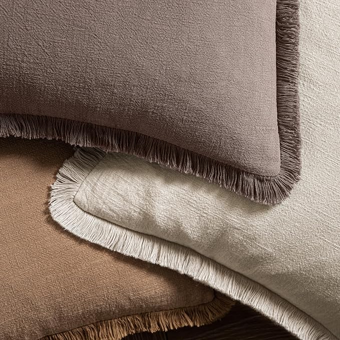 MIULEE Decorative Throw Pillow Covers Neutral Linen Fringe Throw Pillows Euro Shams Set of 2 Malt Ball Boho Farmhouse Cushion Covers for Couch Sofa Bed Living Room Fall Home Decor 22x22 Inch
