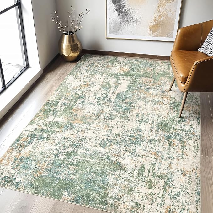 4x6 Area Rug Living Room: Washable Large Abstract Soft Green Rugs Stain Resistant Indoor Floor Non-Slip Accent Carpet for Men Modern Home Enthusiasts Aged 25-45 - Bedroom Office Playroom