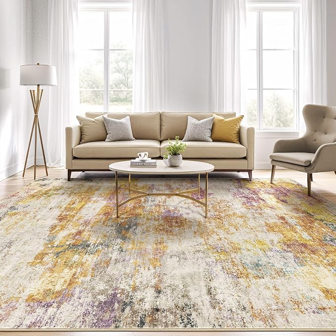 5x8 Area Rug Living Room: Machine Washable Large Abstract Modern Soft Rug Stain Resistant Indoor Floor Non-Slip Accent Carpet for Bedroom Nursery Playroom Office Dining Room Dorm- Gold Colorful