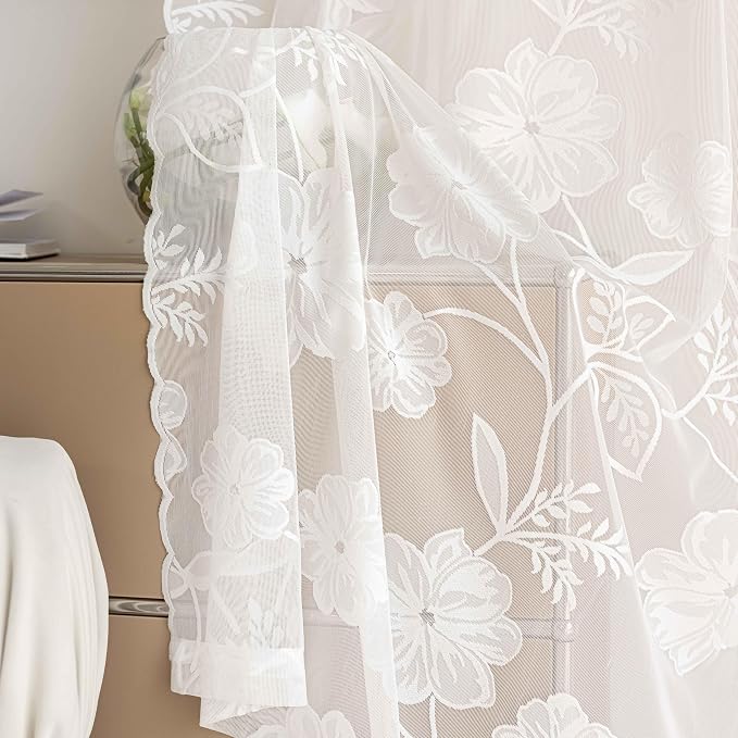 White Lace Sheer Curtains 63inch Rose Knitted Net Curtains with Vintage Floral Embroidered for Living Room Bedroom Window Privacy Country Chic Retro Leaf Semi Sheer Drapes Rod Pocket 54"W 2Panels