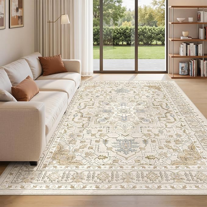 befbee 5x7 Area Rug for Living Rooms, Stain Resistant Neutral Washable Rugs for Dining Rooms, Floral Vintage Non-Slip Thin Large Size Area Rugs(Beige)