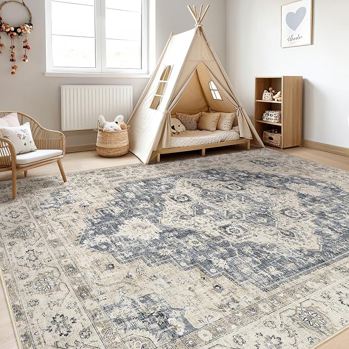 9x12 Area Rug Living Room: Washable Boho Large Neutral Vintage Soft Rugs Stain Resistant Distressed Farmhouse Non-Slip Indoor Floor Carpet for Bedroom Nursery Kids Office Dining Room- Brown Blue