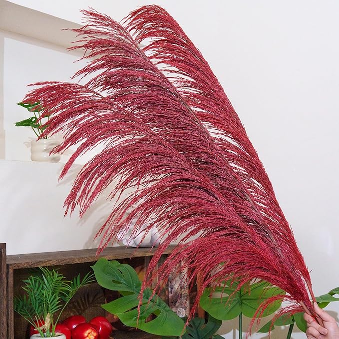 Red Pampas Grass Decor Tall for Floor Vase,Long Dried Pampas Grass, Large Pompas Floral, Elegant Feather Flowers for Wedding Decorations, Living Room Decor (Natural Red, 4pcs 43.3"(110cm))