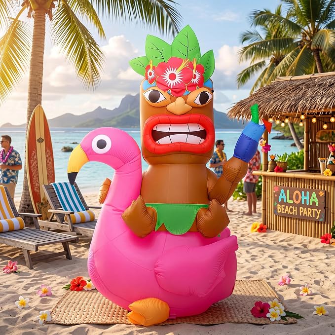 Shappy 5 ft Inflatable Tiki Flamingo Surfboard Luau Hawaiian Party Decorations Summer Inflatables Outdoor LED Lighted Tiki Blow up Beach Tropical Pool Surfing Yard Party Supplies Favors(Delicate)