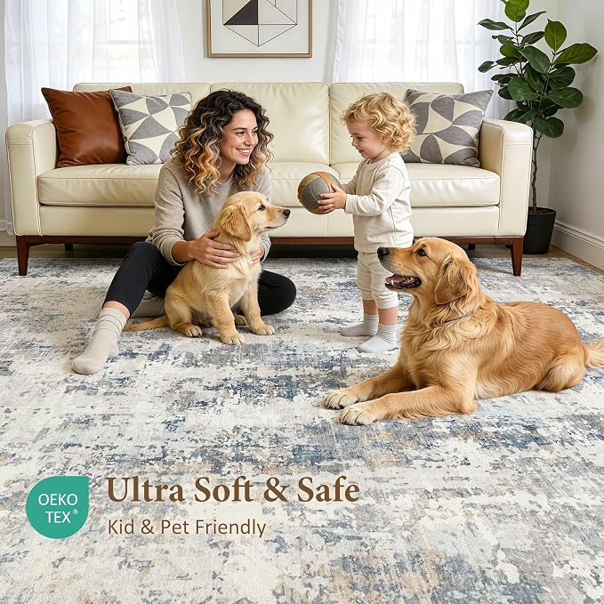 5x7 Area Rug Living Room Rugs: Washable Large Soft Abstract Modern Neutral Rug Stain Resistant & Non-Slip Low-Pile Carpet for Bedroom Dining Nursery Home Office Room Decor - Grey Blue