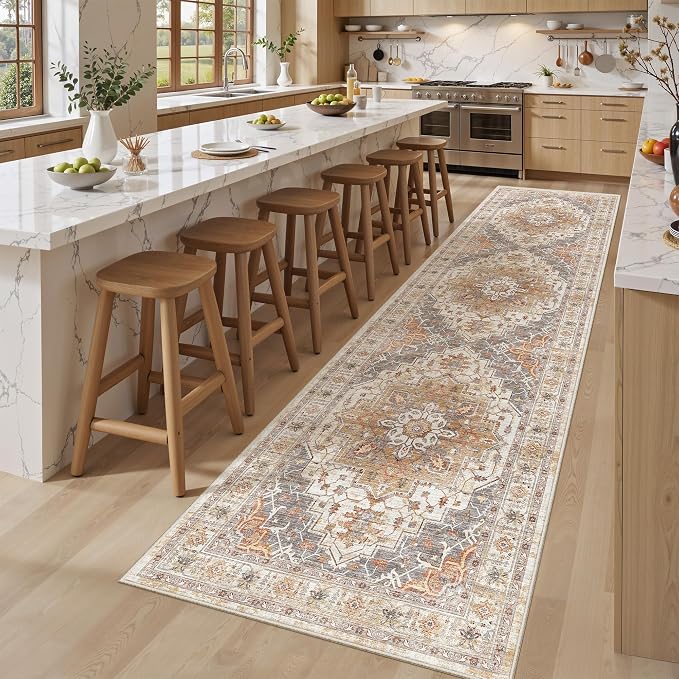 2'6" x 10'Non Slip Runner Rugs - Runners for hallways, Kitchen,Entryway,Stain Resistant Washable Rugs for Bedroom, Indoor Vintage Area Rugs (Turmeric/Grey,2'6" x 10')