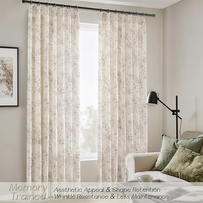Pinch Pleat Floral Linen Curtains 108 inch Long Coffee and Cream Memory Trained Curtain Light Filtering Living Room Farmhouse Flower Pattern Printed Pleated Drapes with Hooks 2 Panels 40“W x 108"L