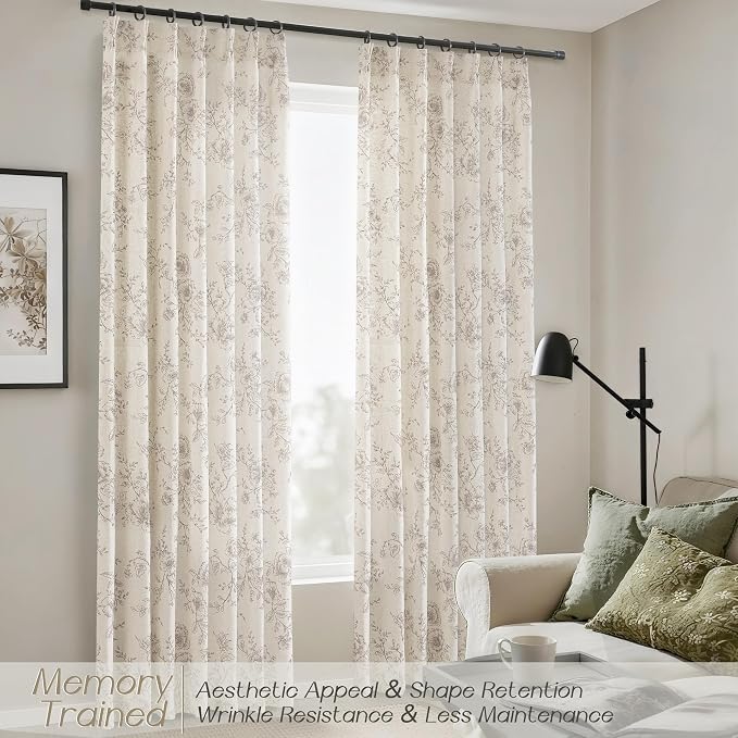 Pinch Pleat Floral Linen Curtains 90 inch Long Coffee and Cream Memory Trained Curtain Light Filtering Living Room Farmhouse Flower Pattern Printed Pleated Drapes with Hooks 2 Panels 40“W x 90"L