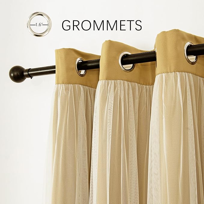 INLINAS 52 x 96 Inches Gold Blackout Curtains with Sheer Overlay - Grommet Top Thermal and Noise Reduction Panels for Bedroom and Living Room Light Blocking and Energy Saving, Set of 2