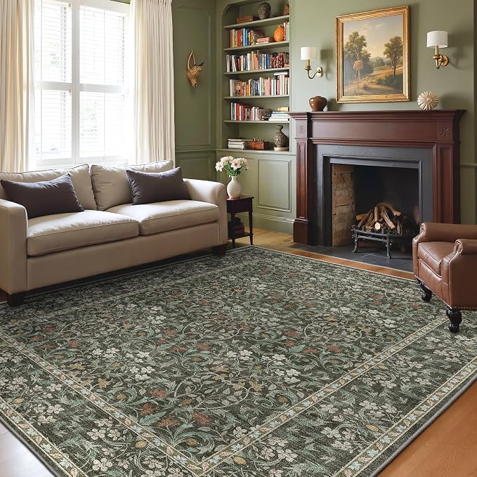 GENIMO 6x9 Washable Living Room Area Rug, Non Slip, Black | Vintage Boho Floral Low Pile Thin Carpet for Bedroom, Dining Room, Nursery, Indoor Decor