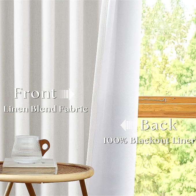 Blackout Linen Curtains 45 Inch Long Pinch Pleat Back Tab Pleated Country Room Darkening UV Blocking Ivory Short Curtains for Small Window Bedroom Nursery Cafe with Hooks Rings Beige Off White