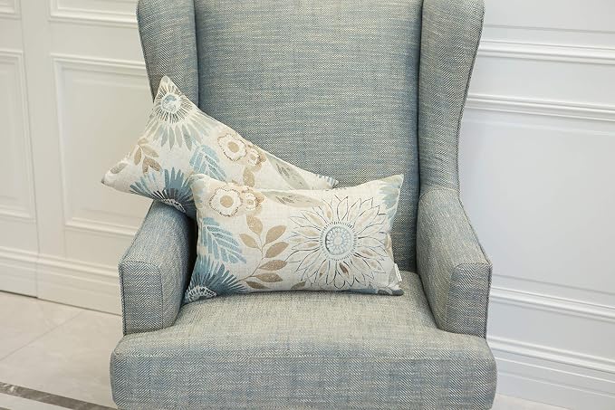 Mika Home Pack of 2 Decorative Oblong Rectangular Throw Pillow Cover Cushion Cases for Chair,Sunflower Pattern,12x20 Inches, Blue Cream