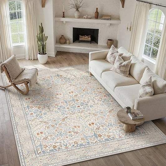 HUGEAR Vintage Floral Machine Washable 8x10 Area Rugs Beige Living Room Bedroom Rug Retro Neutral Stain Resistant Non Slip Low Pile Throw Carpet for Home Aesthetic Modern Decor