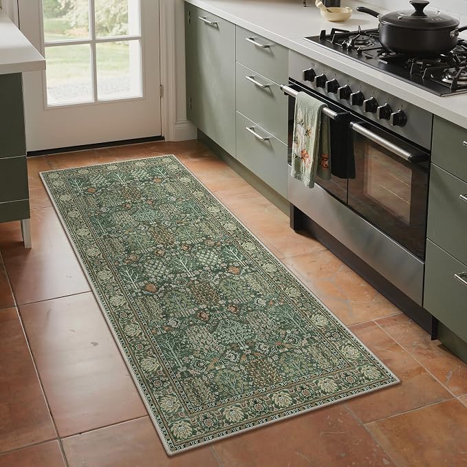 Bavni Washable Rugs 3x5 Machine Washable Rug Lightweight Low Pile, Vintage Floral Rug Non-Shedding Distressed Throw Carpet for Living Room Bedroom Office, Forest Green