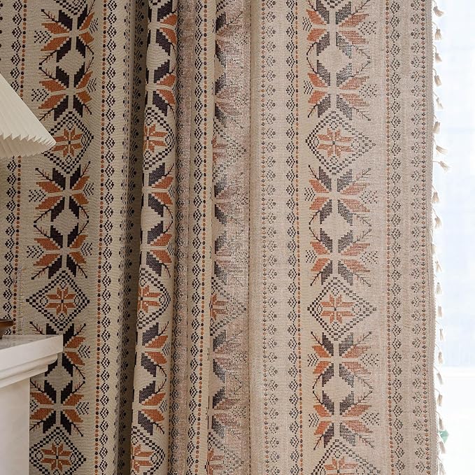 Boho Curtains 96 Inch Length 2 Panels Geometric Patterned Drapes Bohemian Semi Sheer Rod Pocket Tassel Window Curtain Panels for Bedroom Living Room Farmhouse Coffee Brown Vintage Rustic Curtains