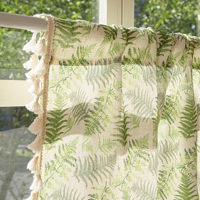 Deeprove Sage Green Boho Valance Window Curtain 18 Inch with Tassels Over Sink Fern Leaf Print KitchenSheer Short for Cafe Closet Farmhouse Chic Vintage Country Style Drape Decor 1 Panel 52W x 18L
