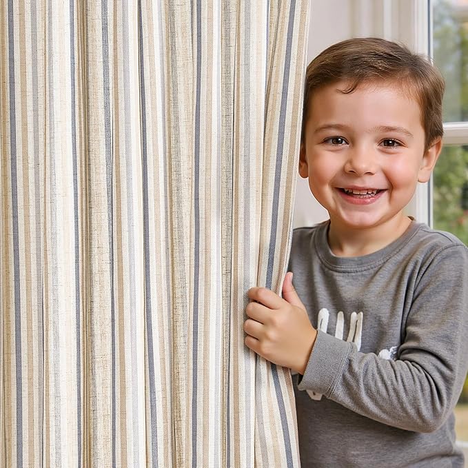 jinchan Linen Curtains 96 inch Blue Stripe for Kids Room Grommet 2 Panels | Kids Curtains for Nursery Living Room Bedroom Baby Boys Room,Cute Colorful Ticking Stripe,Cottagecore Rustic,Light Filtering