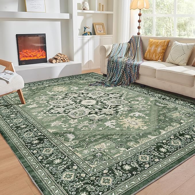OPPODREAM Soft Area Rug 5x7, 5x7 Rugs for Living Room, Washable Rugs for Bedroom with Non Slip Backing, Faux Cashmere Low-Pile 5 x 7 Carpet, Dark Green
