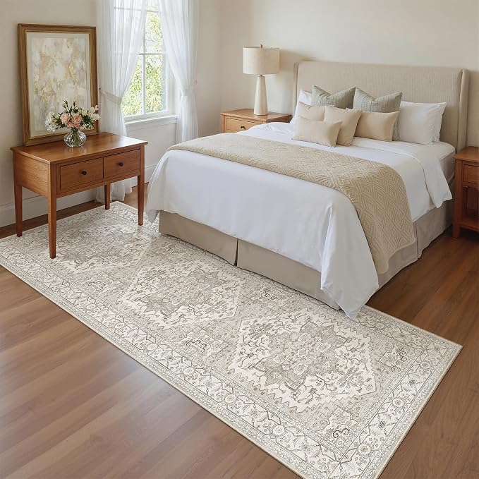 Madane Kitchen Runner 2'6''x8' Soft Rug Runners for Hallways, Beige/Brown | Vintage Machine Washable Rugs 2.5x8 Ft, Non-Slip Low Pile Stain-Resistant 8ft Floor Carpet for Laundry Room, Corridor