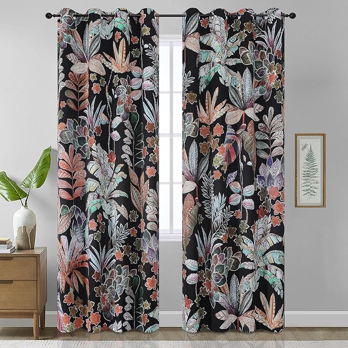 Estelar Textiler Boho Blackout Curtains 102 Inches Long,Thermal Insulated Leaf and Floral Pattern Drapes for Bedroom,Grommet Room Darkening Window Curtains for Living Room,Black,52Wx102L,2 Panels