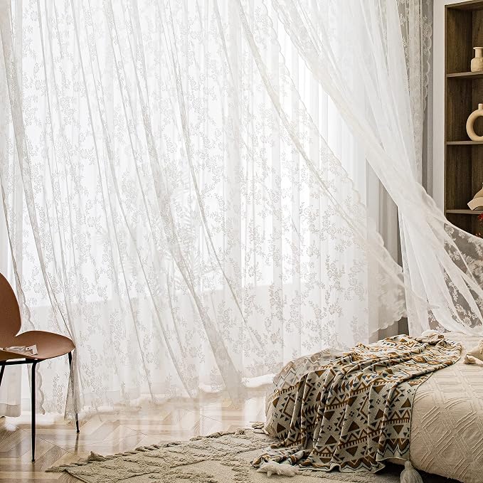 Sutuo Home Lace Curtains 72 Inches Length 2 Panels Set, White Sheer Window Floral Vintage Voile Window Panel Treatment Pair for Bedroom/Living Room/Kitchen, Decor Rod Pocket W57 x L72