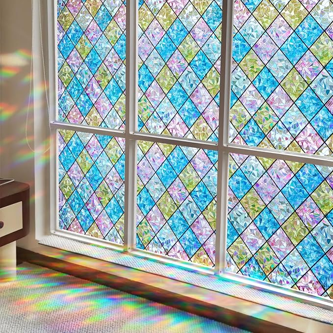 Sunbaby Window Privacy Film Stained Glass Decorative Rainbow Window Cling 3D Static Clings Colorful for Home Decoration, Anti-UV & Heat Control Non-Adhesive (17.5"x78.7")