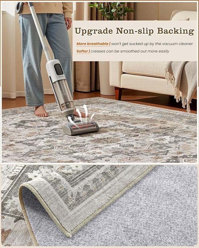 5x8 Vintage Area Rug: Washable Neutral Soft Non Slip Thin Large Floor Carpet for Living Room Bedroom Kitchen Dining Room Home Office Farmhouse Indoor - Taupe
