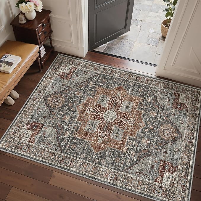 Roxstand 3x5 Area Rug - Washable Kitchen Rugs Non Slip,Soft Low Pile Small Rug for Entryway, Stain Resistant Vintage Area Rugs for Home Decor(Grey/Brown/Tan, 3'x5')