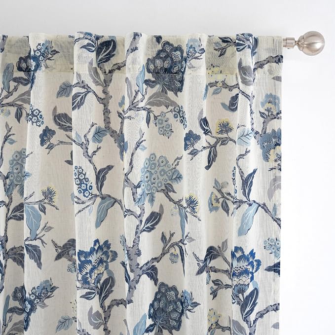 DriftAway Ada Floral Botanical Print Flower Leaf Lined Thermal Insulated Room Darkening Linen Blend 100% Blackout Back Tab Window Curtains 2 Layers Set of 2 Panels Each 52 Inch by 84 Inch Navy