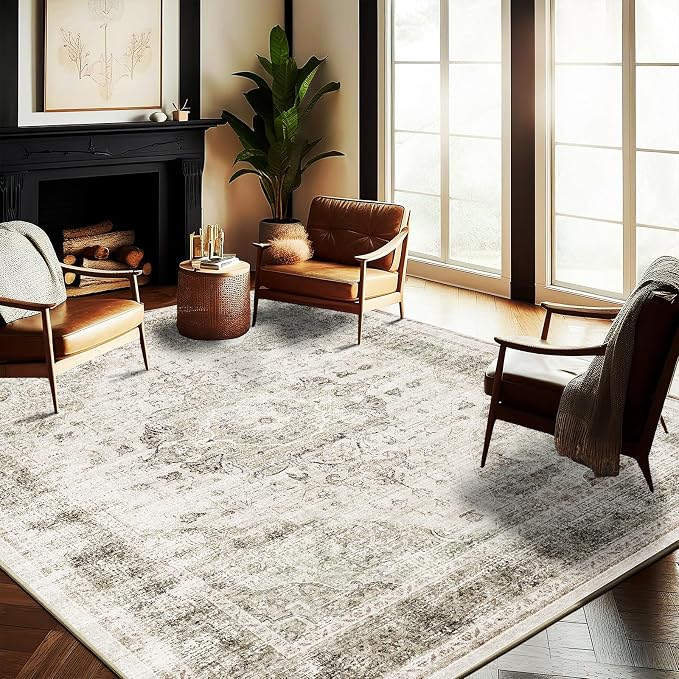 CHAMPLANT Washable Area Rug 8'x10' Retro Floral Khaki Boho Design Non-Shedding Non-Slip Easy Care Ideal for High Traffic Areas in Living Room Bedroom Office Coffee Table Kitchen Large Carpet