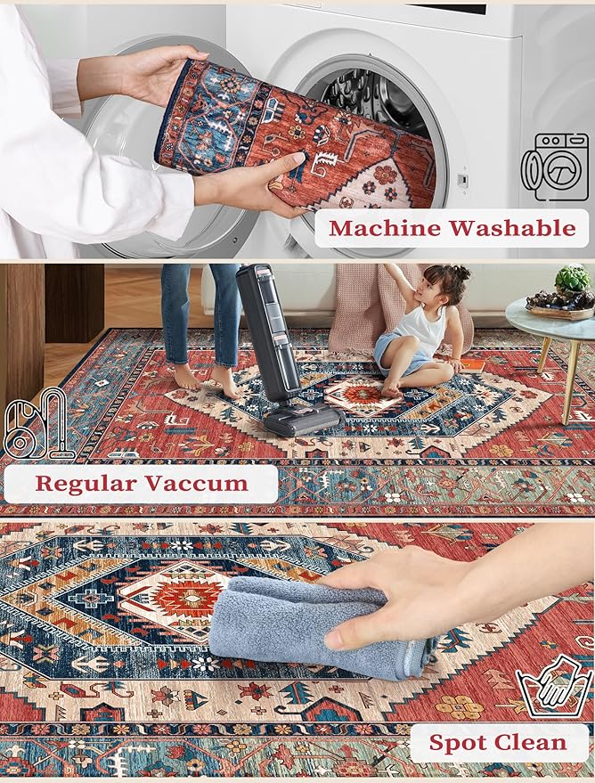 SERISSA Runner Rug for Hallways, 2'6"x16' Washable Non Slip Kitchen Runner Rug, Extra Long Boho Rug Ultra Soft Vintage Rust Print Floor Carpet for Bedroom Hallway Entryway Bathroom Laundry Room
