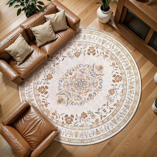 Tangsoo Vintage Round Rug 6ft Washable Circle Rug, Non Slip Small Beige Round Rug, Low Pile Neutral Farmhouse Circular Rugs, Machine Washable Round Carpet for Bedroom,Entryway,Nursery,Kitchen,Office